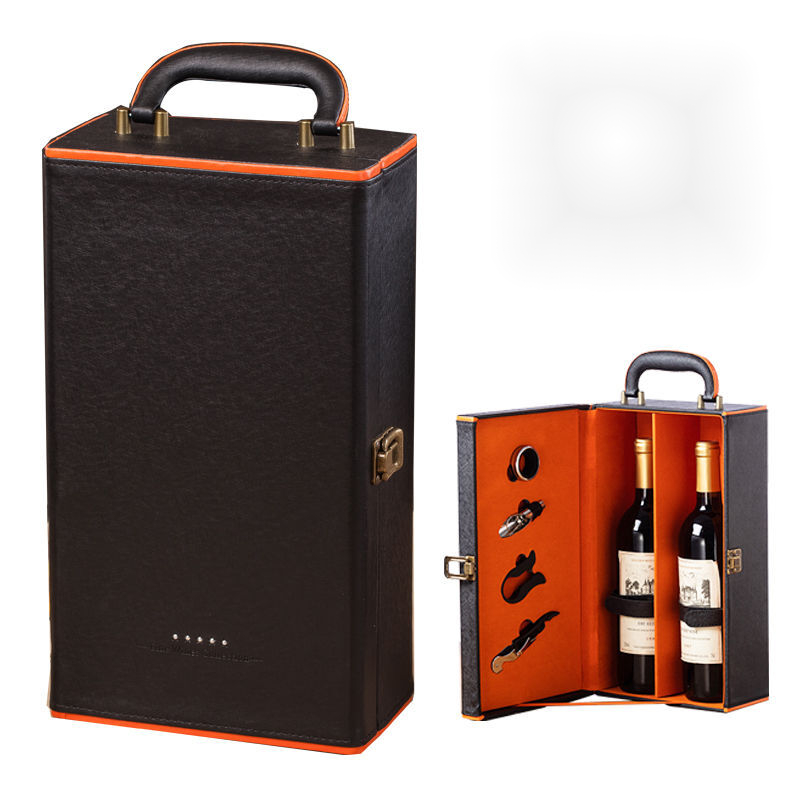 红酒包装盒双支葡萄酒礼盒手提红酒箱子 桔黑 水钻双支带酒具